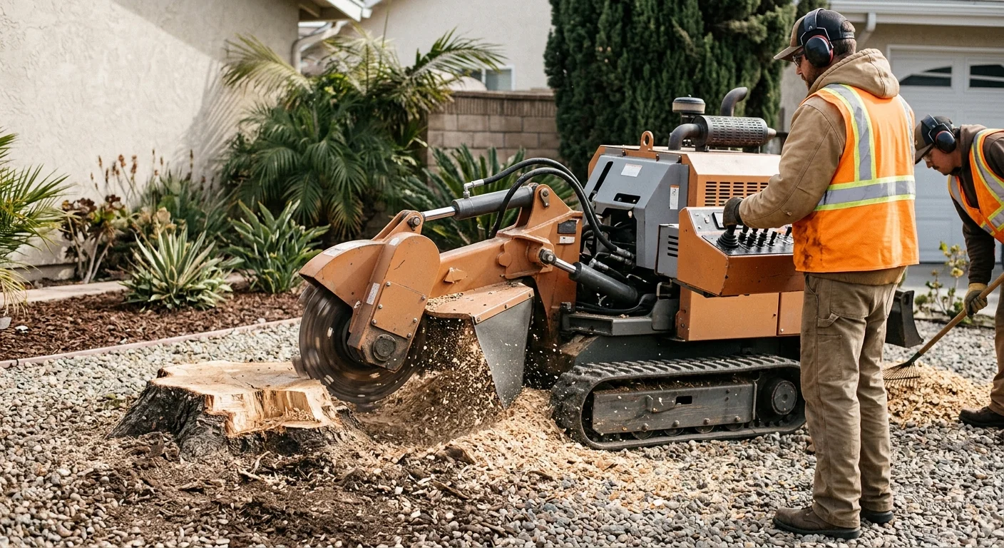 Stump grinder reducing a large trunk stump below grade on a lot