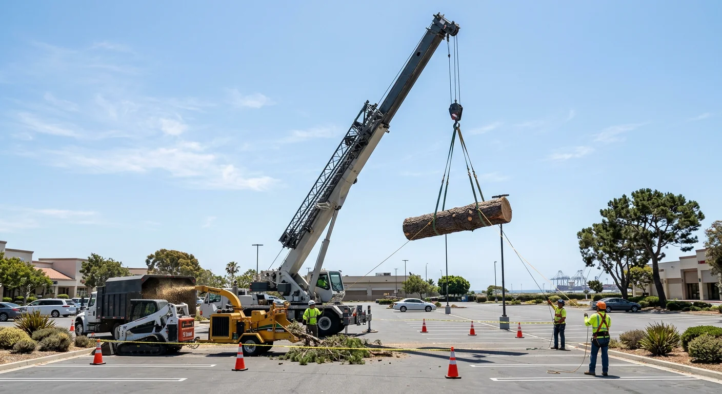 Crane lifting a large removed tree section over a commercial property