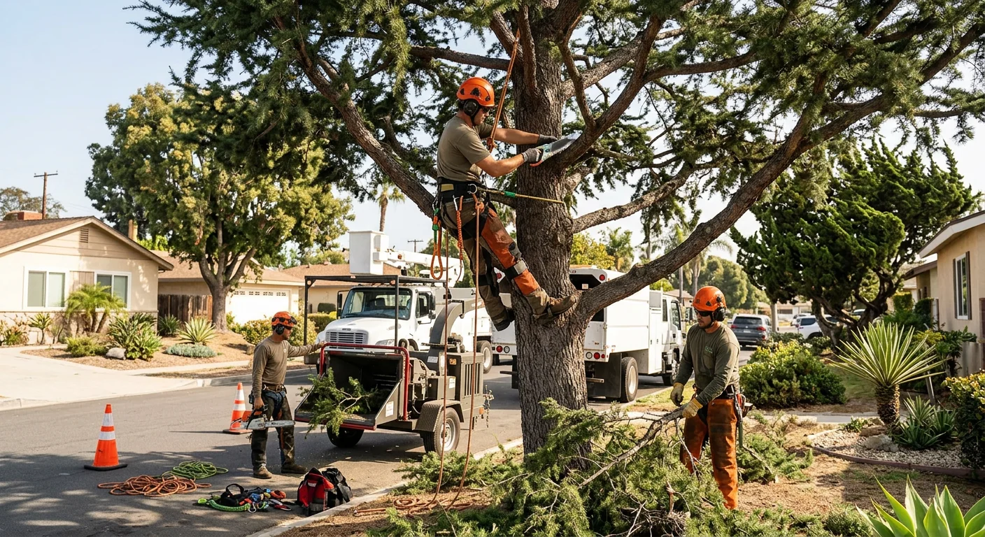 Arborist reviewing a service request while planning tree work in Port Hueneme