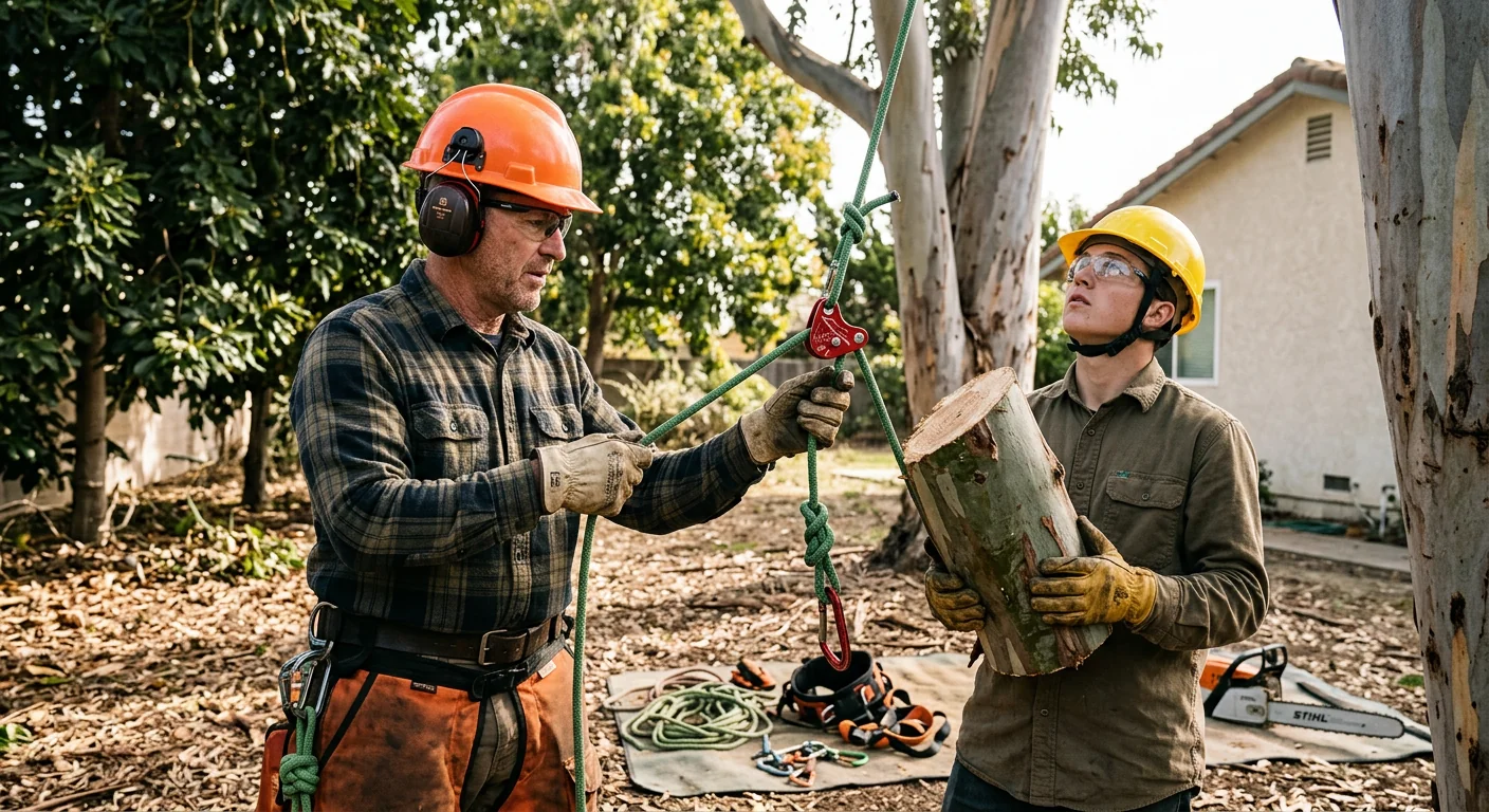 Climber inspecting chainsaw and PPE during a pre-job equipment check