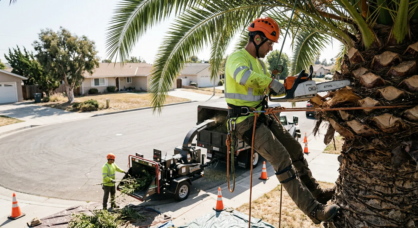 Tree crew reviewing rigging and safety gear before a removal