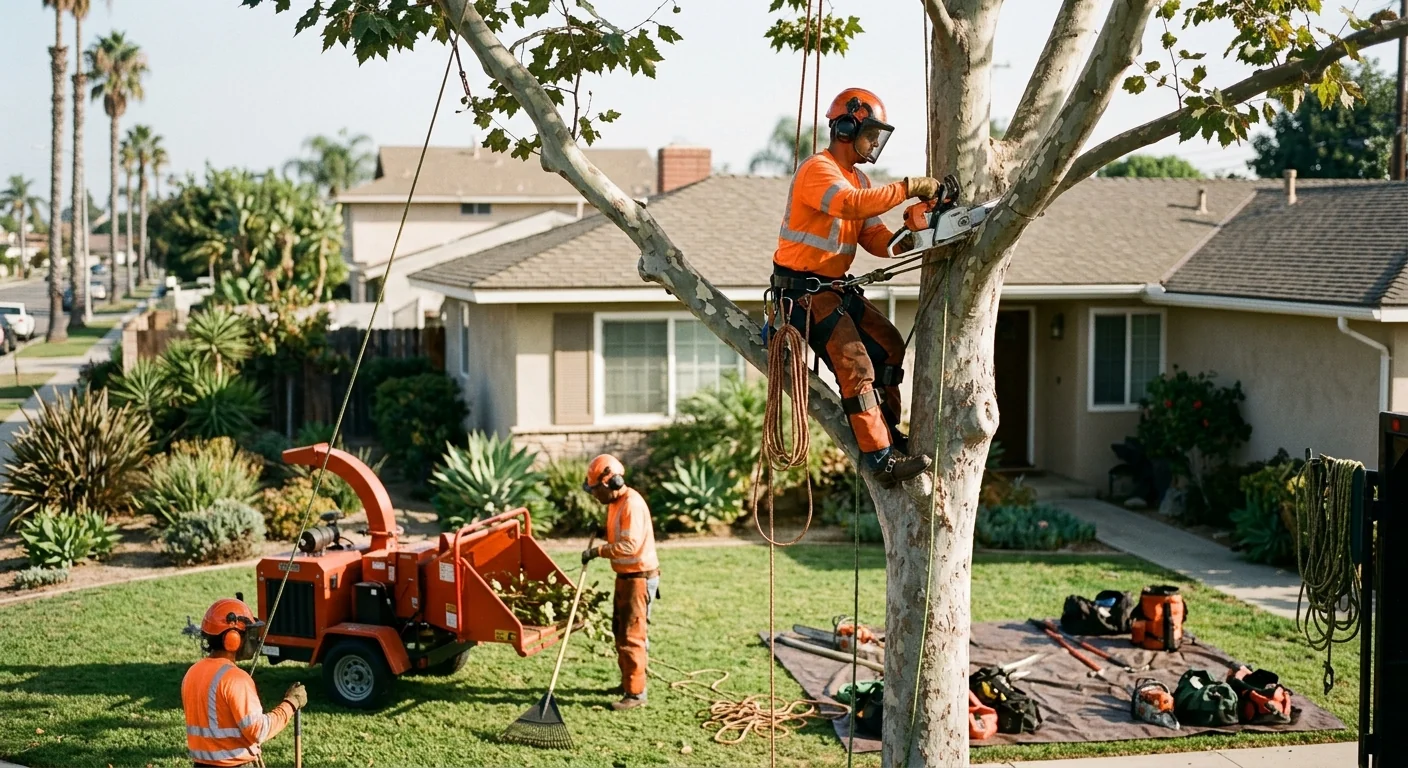 Uniformed crew reviewing a job plan beside staged tree service equipment