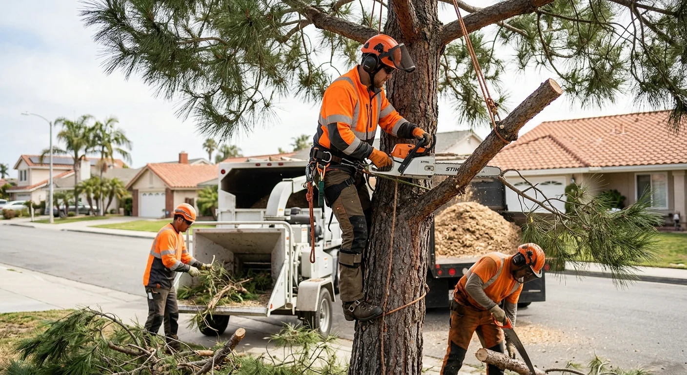 Tree trimming crew assessing canopy size and access on a residential lot in Port Hueneme