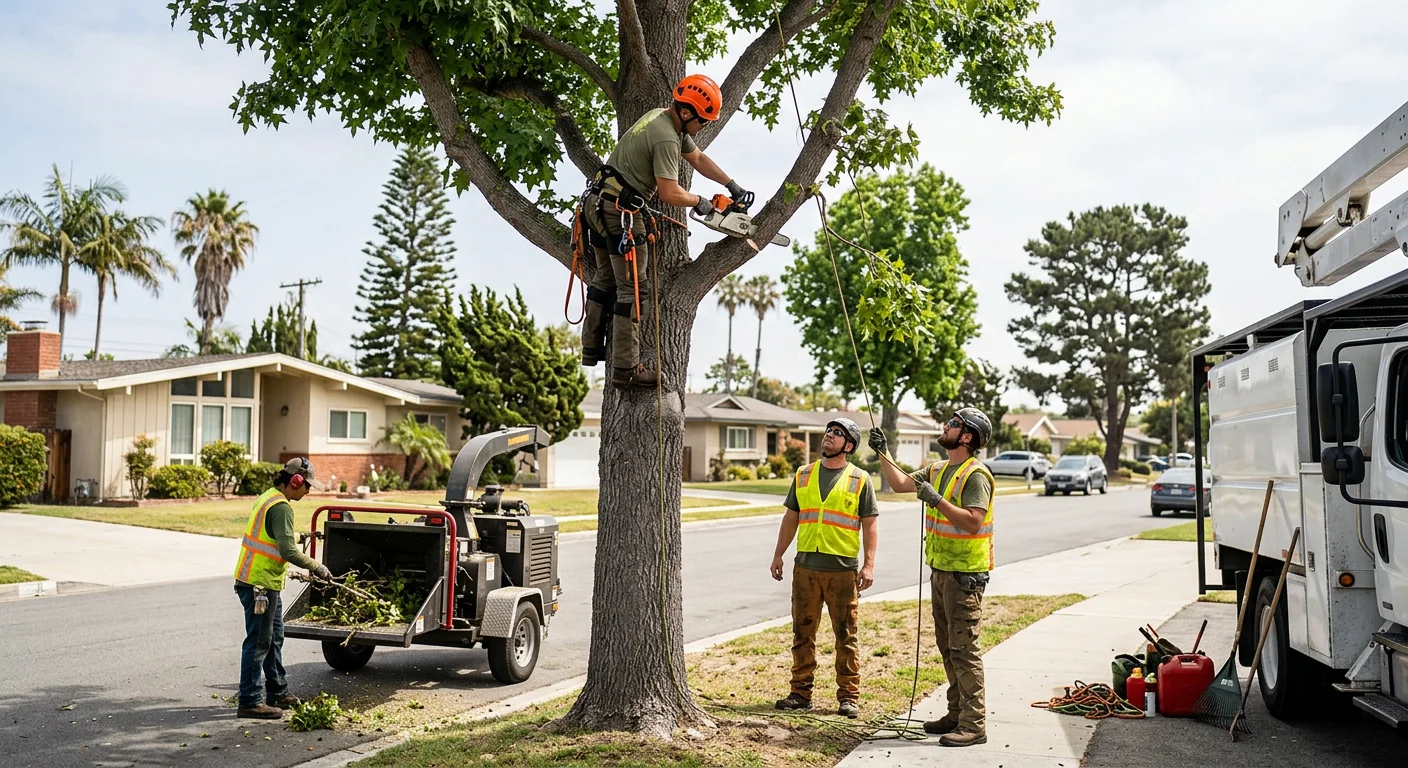 Arborist trimming a residential tree canopy in Port Hueneme neighborhood