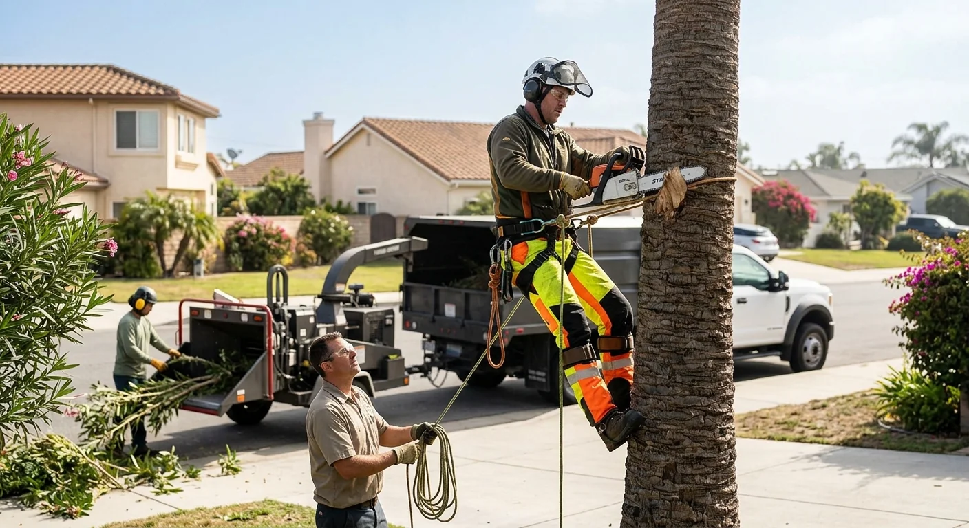 Arborist performing crown thinning on a mature tree at a Port Hueneme property