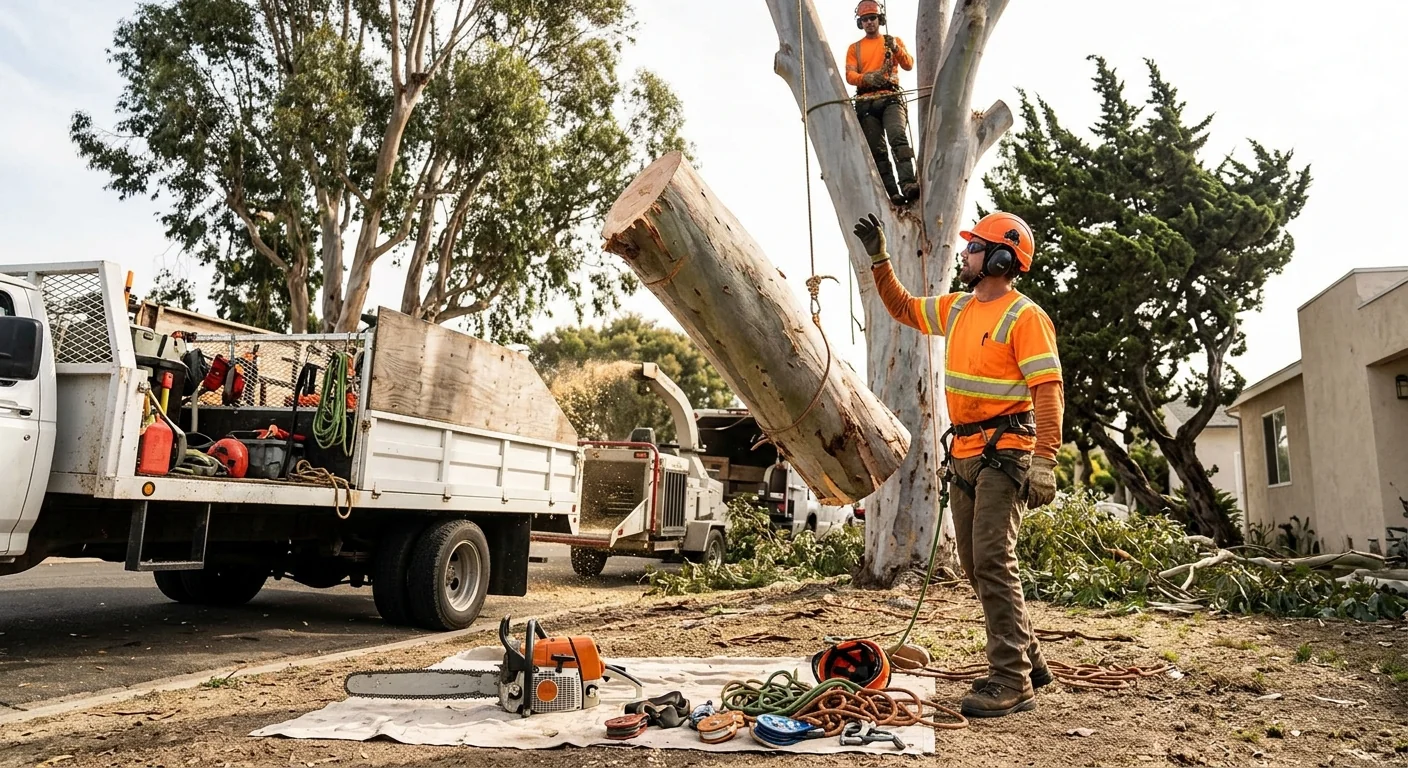 Arborist assessing an overgrown canopy needing trimming at a Port Hueneme home