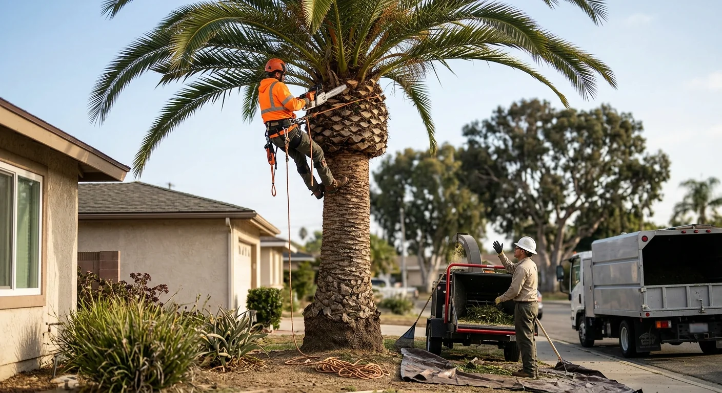 Trained crew performing precise crown pruning on a residential tree in Port Hueneme
